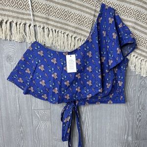 Eloquii Womens Printed Stretch One Shoulder Tie Waist Crop Top Blue Size 18/20